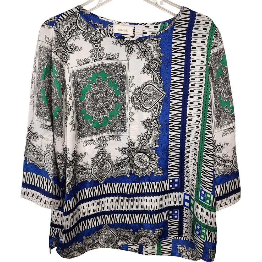 Chicos Womens Paisley Print Blouse Top Sz 1 White Blue Green Layering Boho chic